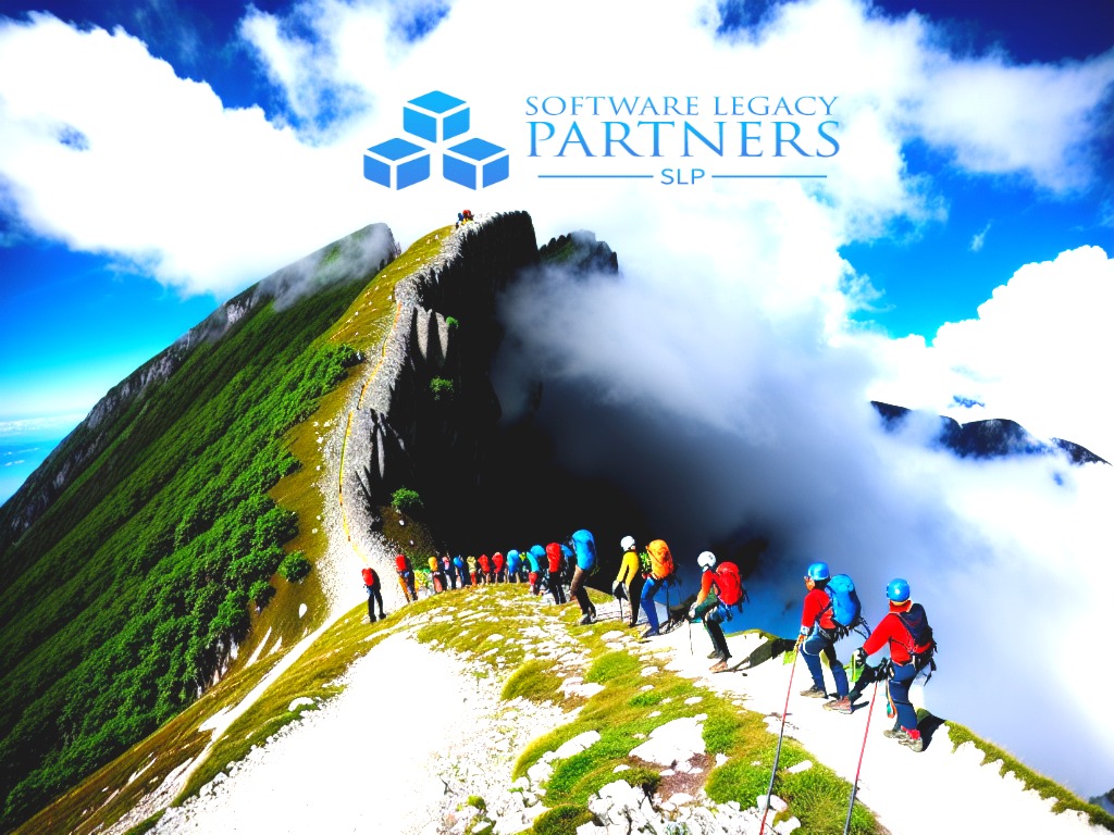 diverse team climbing a mountain with white clouds in background